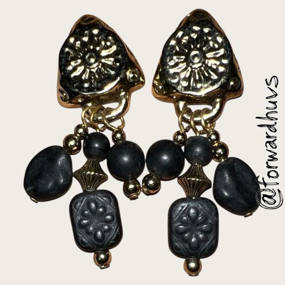 Bundle Sale 3 for $15 |Artisan Dangle Earrings – Black Beads, Gold Accents - Picture 1 of 6